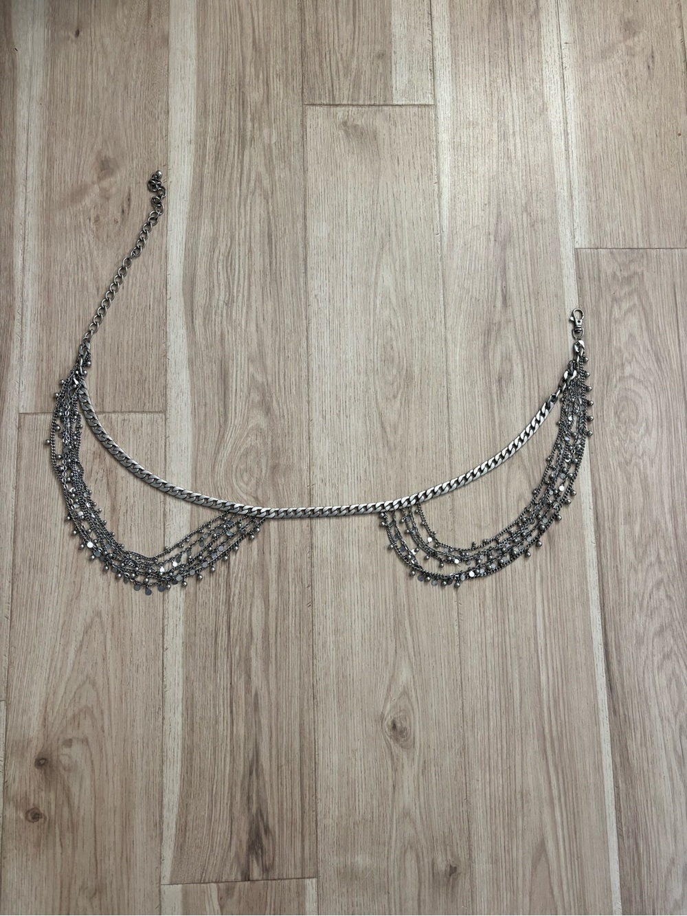 Layered Silver Chain Belt with Beaded Fringe